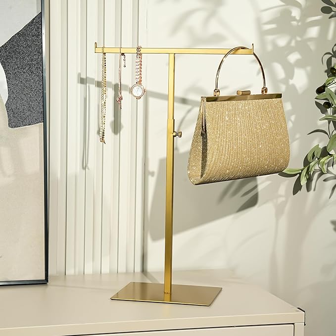 Purse Display Stand Jewelry Towers 2 Packs Stainless Steel Bag Stand Tabletop Adjustable Height Double Hook Hanging Jewelry Stands for Necklaces Organizer Home Store Boutique (Anti-fingerprint)