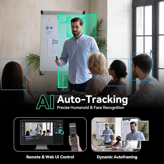 Tenveo HDMI/USB3.0/LAN(PoE) PTZ Camera AI Humanoid & Face Auto-Tracking, 20X Optical Zoom PTZ Camera IP Live Streaming, FHD 1080P 60FPS, for Church Services Worship Video Conference Live Streaming