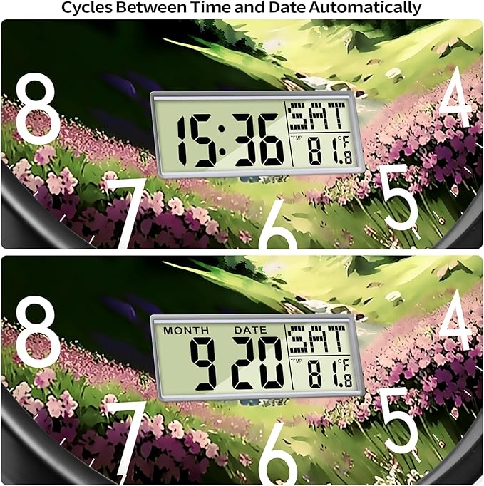 SCOAGE Digital Large Display Silent Wall Clock with Temperature Date Mountain Flowers Modern Non-ticking Battery Operated Mount Clocks Bathroom Kitchen Clock Farmhouse Living Room Office Decor 12 Inch