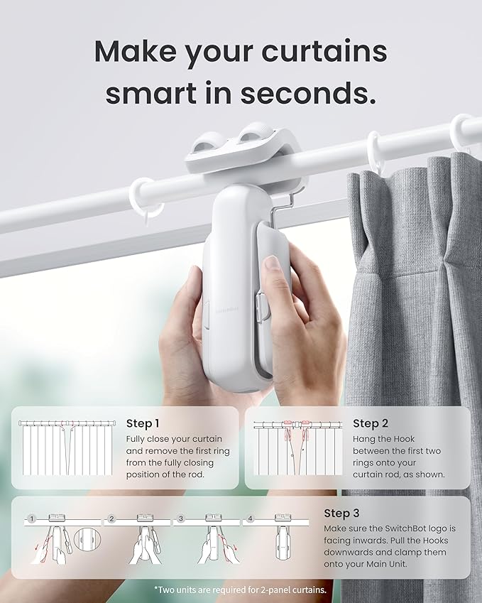 SwitchBot 2025 Automatic Curtain Opener 3 Rod- with Remote, WiFi&Smartphone Control, Upgraded High-Performance, Add Hub to Compatible with Alexa, Google Home, HomeKit (2025 Curtain Opener)