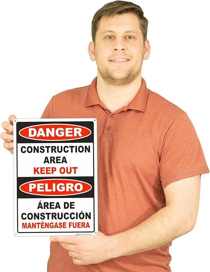 Brimar - 10" x 14" - Bilingual Danger Construction Area Keep Out Sign - .055″ Polyethylene Plastic - Bold Text And Symbol - Easy Installation