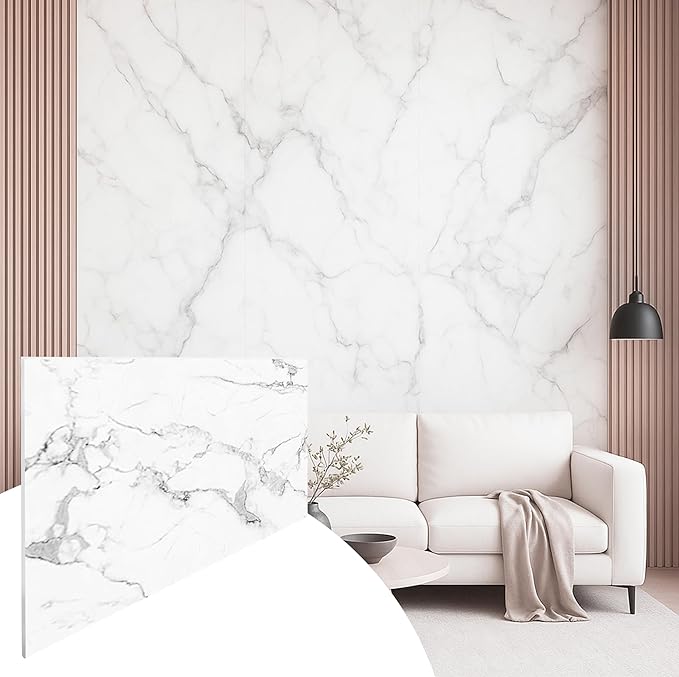 Dundee Deco Faux Marble Wall Panels - Sample - Glossy, Waterproof Indoor Wall Cladding - White, Grey, Black Veins - Sample 6" x 6"