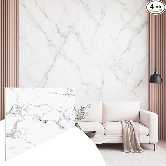Dundee Deco Faux Marble Wall Panels - 2 ft X 4 ft - Glossy, Waterproof Indoor Wall Cladding - White, Grey, Black Veins - Set of 4 - Covers 31 sq ft
