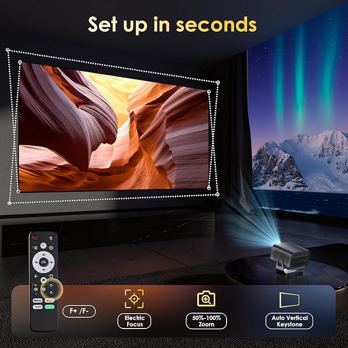 ZENTALITY Projector with WiFi and Bluetooth, Electric Focus & Vertical Keystone, 1080P HD 4K Support, Smart Projector with Built-in Streaming Apps, Portable Projector for Outdoor & Home Movie
