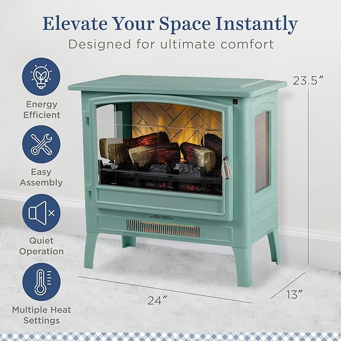 Country Living Infrared Freestanding Electric Fireplace Stove Heater in Mineral Blue | Multiple Flame Colors, Metal Design with Faux Wooden Logs | Alexa/WiFi Enabled, Remote Control