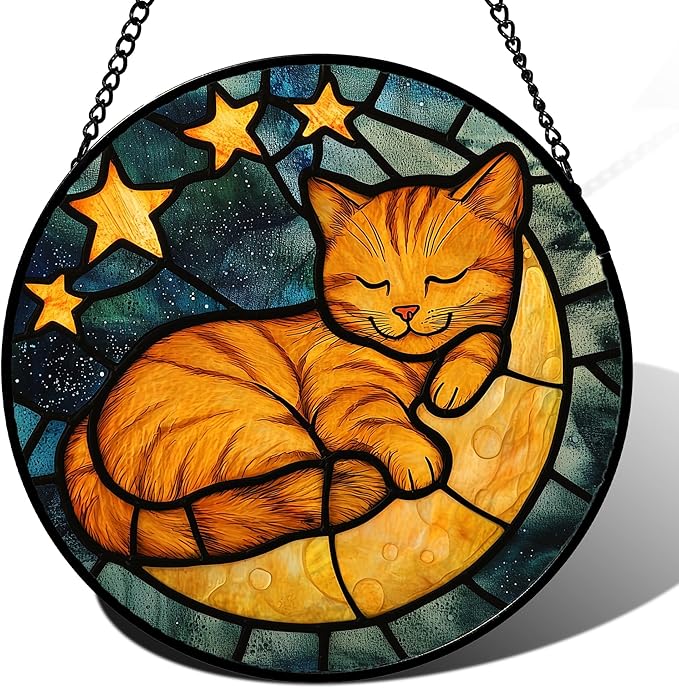 AMDERVEN Stained Glass Window Hanging - Orange Cat Sun Catcher for Door Home Decor Stars and Moon Suncatcher Christmas Mother's Day Birthday Loss of a Pet Gifts for Women Men Mom Nana 11.8 in
