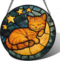 AMDERVEN Stained Glass Window Hanging - Orange Cat Sun Catcher for Door Home Decor Stars and Moon Suncatcher Christmas Mother's Day Birthday Loss of a Pet Gifts for Women Men Mom Nana 6.3 in