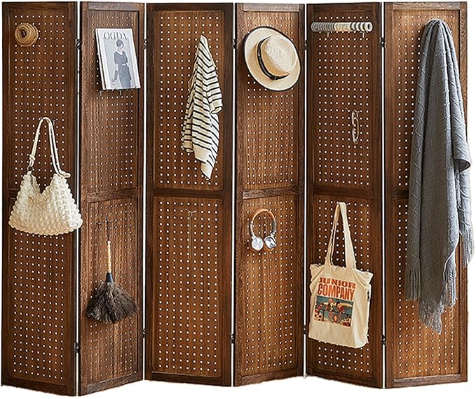 Asnefeli 6 Panel Pegboard Display with 24 Hooks, Wood Room Divider Wall, 5.6Ft Folding Privacy Screen Divider Room, Portable Freestanding Wall Organizer for Bedroom Reading Room(Dark Brown)