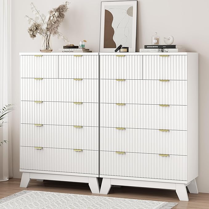 Xixini Fluted Dresser for Bedroom with 6 Drawers, 46" Tall Modern Chest of Drawers with Metal Handle, Wooden Dresser TV Stand, Wood Closet Clothes Storage Organizer for Living Room, Hallway, White