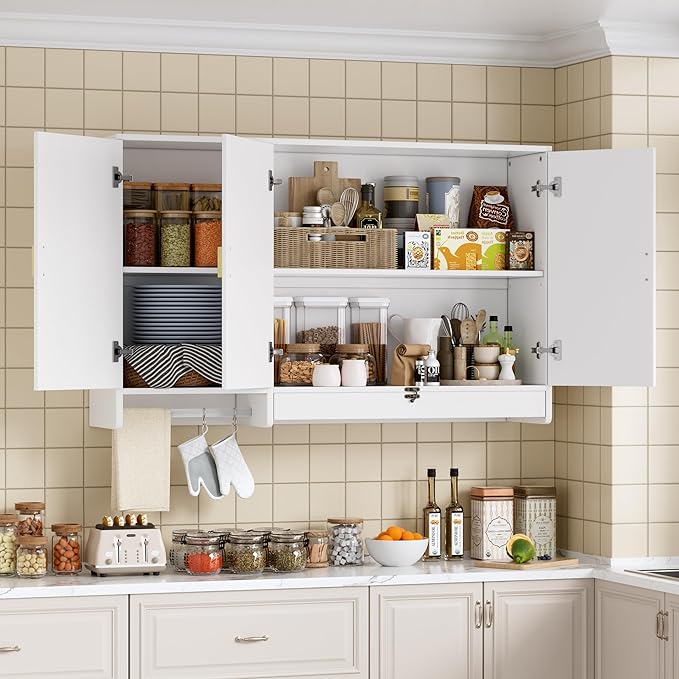 PAKASEPT 44.8" W Kitchen Wall Cabinet, Laundry Room Cabinets - Bathroom Wall Cabinet with Flip-Bottom Drawer and Hanging Rod, Storage Cabinets for Bathroom, Kitchen, Entryway, Laundry Room