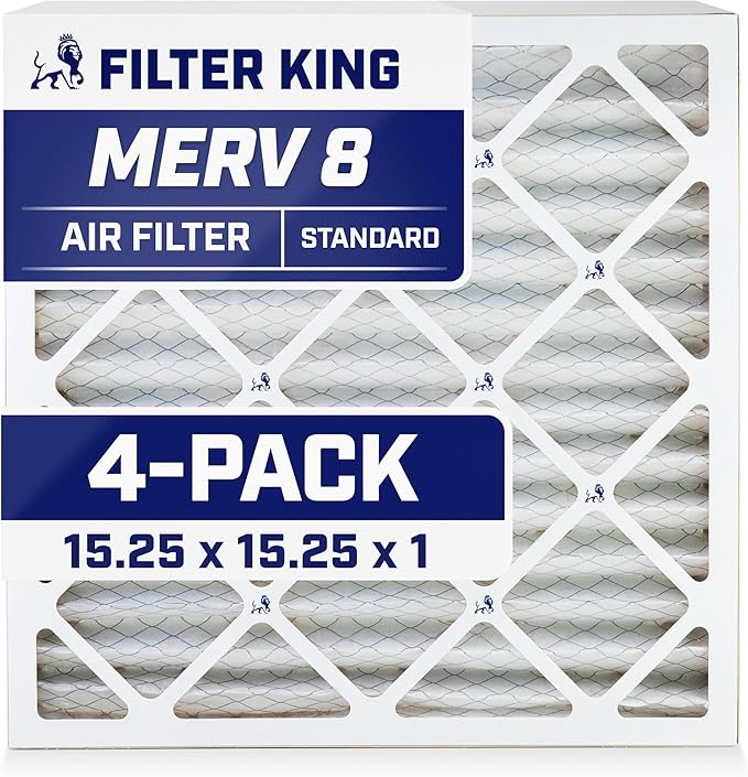 Filter King 15.25x15.25x1 Air Filter | 4-PACK | MERV 8 HVAC Pleated A/C Furnace Filters | MADE IN USA | Actual Size: 15.25 x 15.25 x .75"