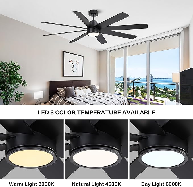 WINGBO 60" Large DC Ceiling Fans with Lights and Remote, 3 Downrods, 8 Plywood Blades, 6-Speeds Reversible DC Motor, 3CCT, Indoor Ceiling Fan for Bedroom Living Room Patio, Black