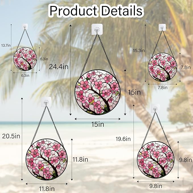 CRISGIF Stained Glass Window Hanging - Cherry Blossoms Birth Flower Suncatcher for Door Garden Patio Sun Catchers Decor Christmas Mother's Day Birthday Gifts for Women Mom Nana Friend Wife 11.8 in