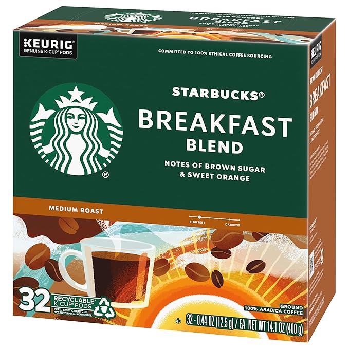 Starbucks Coffee K-Cup Pods, Breakfast Blend, Medium Roast Coffee, Notes of Brown Sugar & Sweet Orange, Keurig Genuine K-Cup Pods, 32 CT K-Cups/Box (32 Count (Pack of 2))