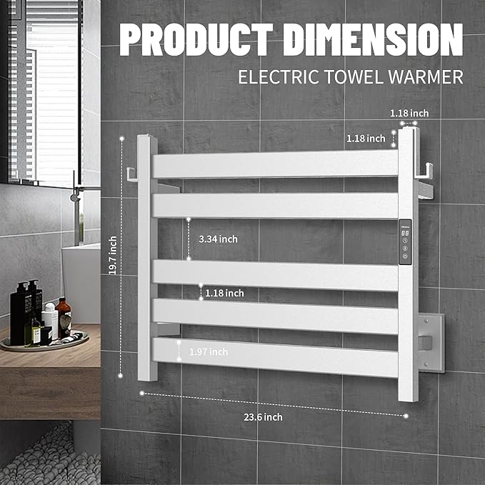 K&KALONZO Towel Warmer for Bathroom, Wall-Mounted 5-Bar Heated Towel Rack with Built-in Timer, Waterproof Electric Towel Heater, Support Plug-in and Hardwired, Brushed, EL18S