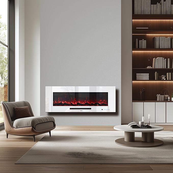 50" Electric Fireplace, Recessed & Wall Mounted Fireplace Heater 13 * 13 Colors Flame &Fuel Bed w/5 Dimmer, Touchscreen &Remote Control Temp, Overheating Protect, Hardwired, 1500W, White