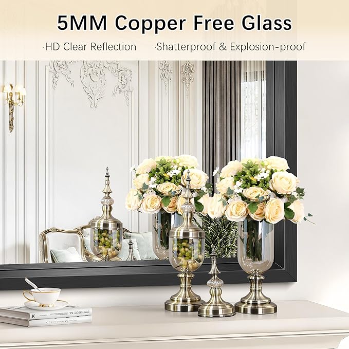 Silver Bathroom Mirror, 42 x 36 Inch Brushed Silver Rectangle Mirror for Wall, 0.6" Thickened Deep Frame Mirrors for Over Sink, Shatterproof Tempered Glass, Antirust, Horizontally or Vertically