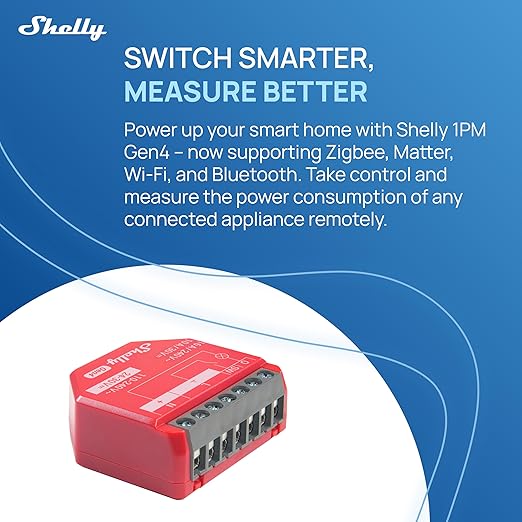 Shelly 1PM Gen4 | Wi-Fi, Zigbee, Matter Smart Relay Switch with Power Metering, 1-Channel 16A | Home Automation | Alexa, SmartThings, Google Home, Apple HomeKit Compatible | iOS Android App (2 Pack)