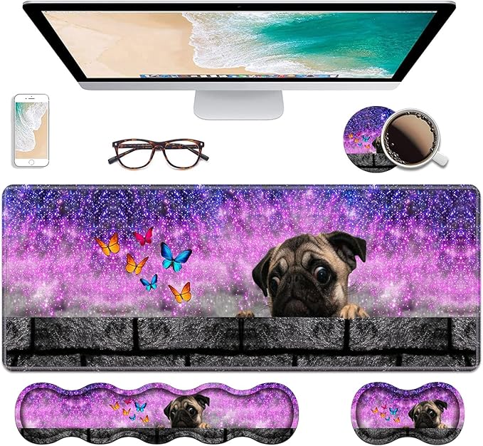 Ergonomic Keyboard Wrist Rest & Mouse Pad Wrist Rest Set, Large XXL Gaming Desk Mat 31.5"x 11.8" with Non-Slip Base, Memory Foam, Easy Typing Pain Relief for Home & Office, Cute Pug and Butterfly