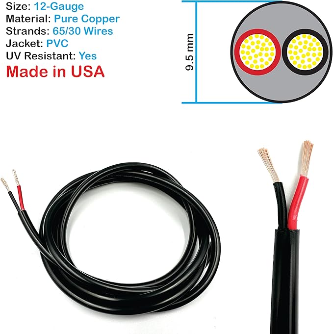 NATIONAL Wire & Cable – 12 AWG 2-Conductor Premium Copper Wire, 1000 ft, Stranded | Made in USA, Heavy-Duty Flexible Jacket | Automotive, Solar, Home, RV, Indoor and Outdoor Use