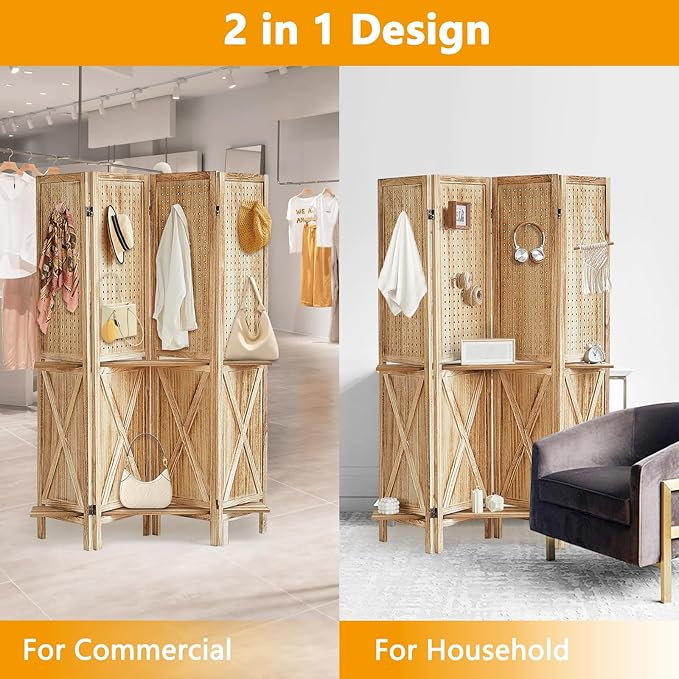 Aleesing 4 Panel Pegboard Display with 16 Hooks, Wooden Pegboard Room Divider Wall with Shelf, Partition Room Dividers and Folding Privacy Screens, Bedroom, Jewelry Store, Natural