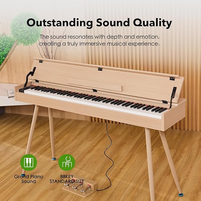 KUMENG Digital Piano 88 Key Weighted Keyboard,Full-Size Desk Progressive Hammer-Action Electric Piano For Beginners, With Sheet Music Stand, Pedal,Power Adapter, Headphone Mode, Usb-Mid (Maple)