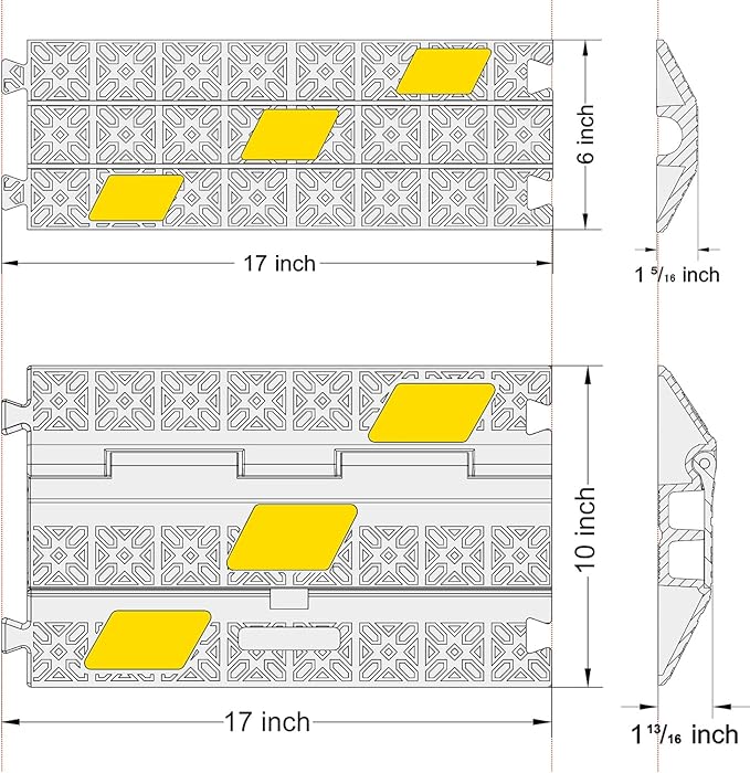 OranLite 6 Pack 2-Channel Rubber Cable Protector Ramp, 17" x 10" x 1.8" inch Interlocking Floor Wire Cord Cable Cover, Visible at Night, Durable Rubber Speed Bump Hump Ramp (2-Channel 6 Pack)