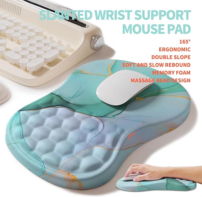 KUOSGM 2-in-1 Ergonomic Set, Wave Rise Keyboard Wrist Rest and Massage Bulge Slope Mouse Pad Wrist Support, Cushion Memory Foam Integrated to Relieve Wrist Pain, Blue Gold Marble