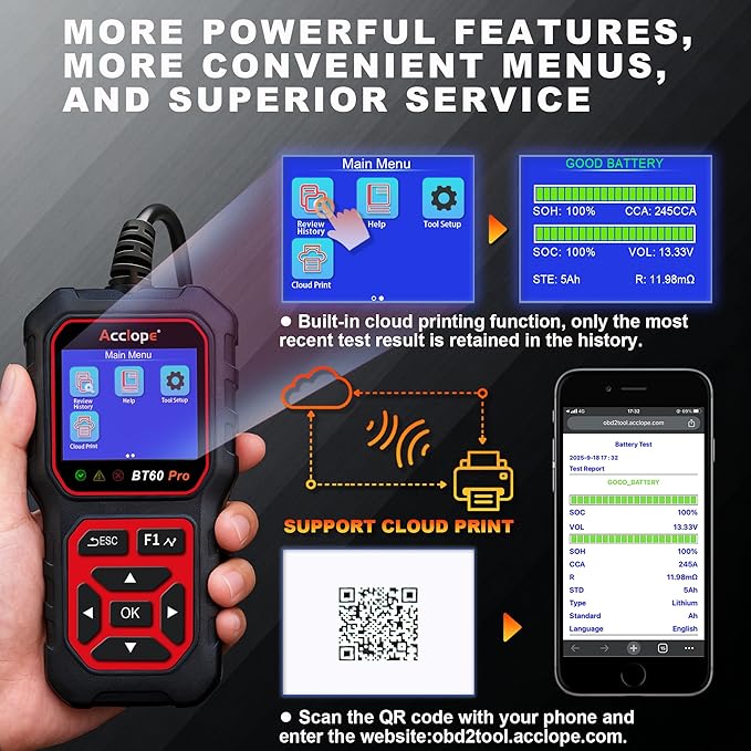 Acclope BT60 Pro Car Battery Tester with Cloud Printing,100-3000 CCA, Digital Analyzer for 6V/12V/24V Batteries, AGM Lithium Gel Battery Checker, Automotive Alternator System