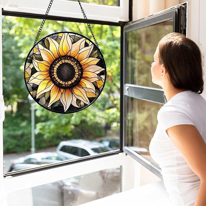 CRISGIF Stained Glass Window Hanging - Sunflower Suncatcher for Door Garden Patio Retro Flower Sun Catchers Decor Christmas Mother's Day Birthday Gifts for Women Mom Nana Friend Wife 11.8 in
