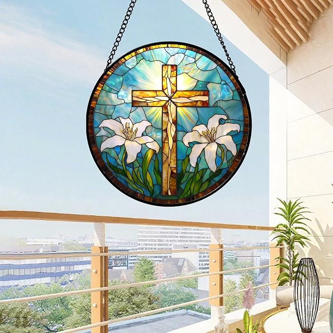 DASTOLL Christian Gifts for Women - Cross Stained Glass Window Hanging Jesus Easter White Lily Flower Sun Catcher Garden Religion Decor Mother's Day Catholic Gift for Men Grandma Mom Her Nana 15"