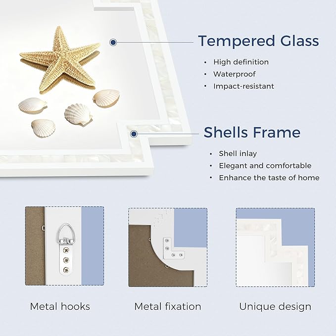Tanmicoshomy 24 x 36 Inch Rectangle Mirrors for Wall, Natural Shell Framed Decorative Mosaic Mirror for Bathroom, Bedroom, Living Room or Entryway, Wall Mounted Horizontal or Vertical