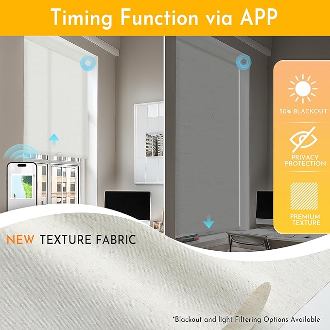 Persilux Smart Motorized Blinds with Remote, No Drill Automatic Roller Shades for Indoor Windows, Light Filtering Linen Fabric, Electric Blinds for Windows, Texture Cream 1703, Custom Size