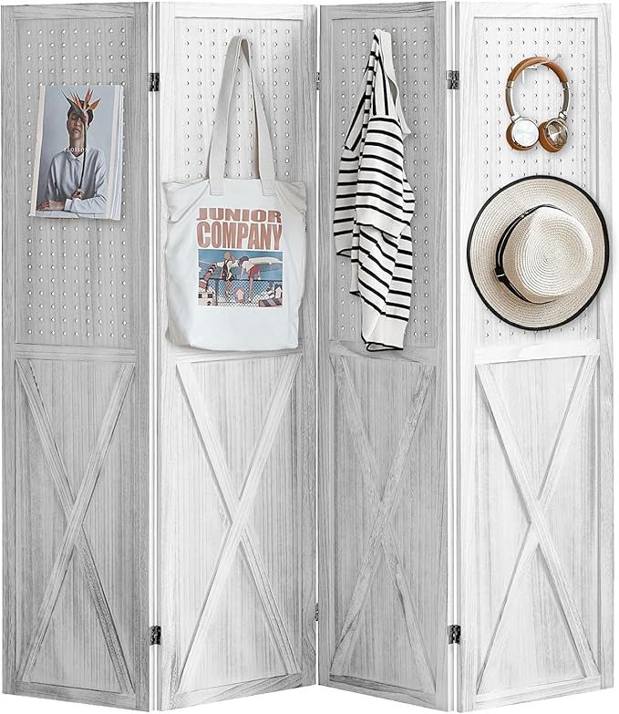 ALeesing 4 Panel Pegboard Wood Room Divider, 5.6Ft Pegboard Display Folding Privacy Screens, Peg Board Display Freestanding for Trade Show Craft Show Home Wall Organizer, Retro White