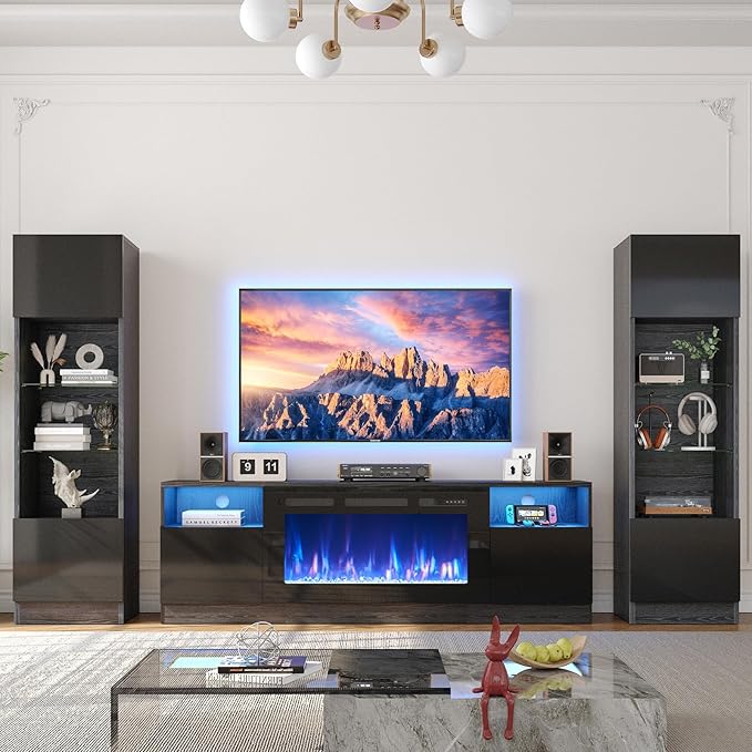 YISUFO 80” TV Stand with 36” Electric Fireplace, Large Modern Media Entertainment Center with Storage Cabinet and 12 Colors LED Lights for TVs Up to 90",All Black