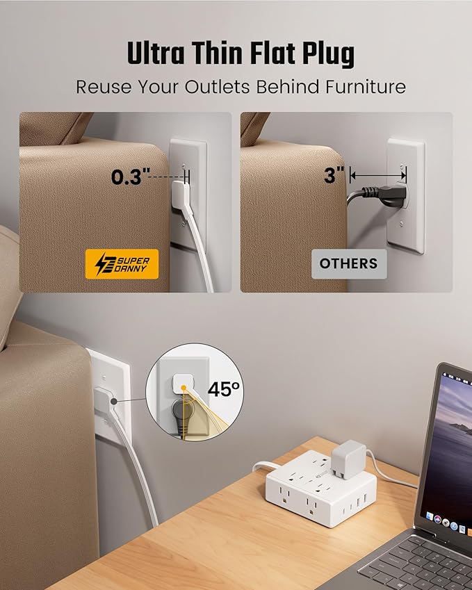 Flat Plug Surge Protector Power Strip, 6ft Ultra Thin Extension Cord with 4 USB (2 USB C Port), 8 Outlets Desk Charging Station, Wall Mountable Outlet Extender for Home Office, College Dorm Room