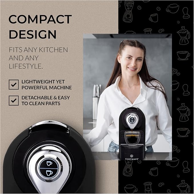 ChefWave Espresso Machine Compatible with Nespresso Capsules (Black) with Capsule Holder, and 2 Glass Cups Bundle with Handheld Milk Frother (2 items)