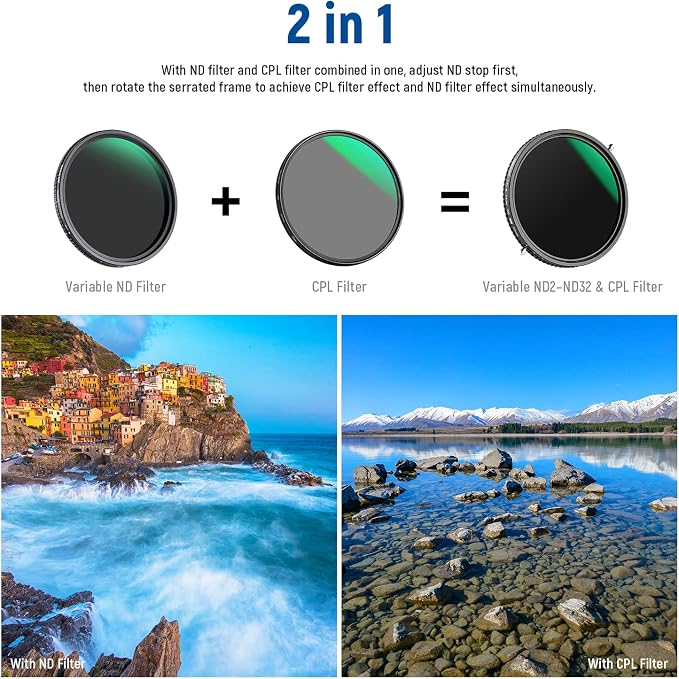 NEEWER 2 in 1 58mm Variable ND Filter ND2–ND32&CPL Filter No X Cross/30 Layer - Image 2