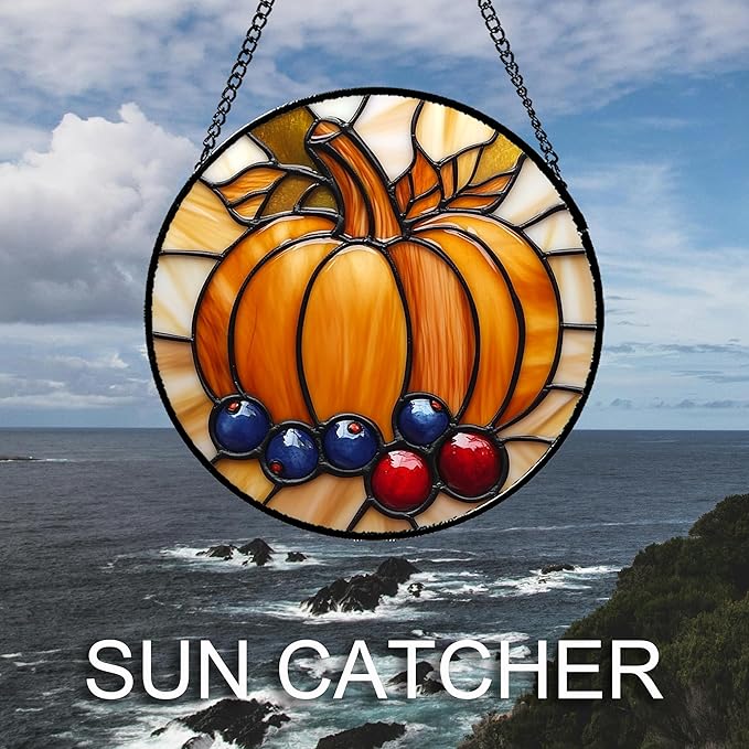 DASTOLL Stained Glass Window Hanging Fall Pumpkin Berries 9.8" - Suncatcher Door Garden Kitchen Sunroom Sun Catcher Autumn Home Decor Birthday for Mom Grandma Men Woman