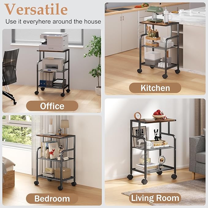 Alexayhome Printer Cart with Wheels,Small Printer Stand with Storage, Printer Table for Home Office, 3 Tier Cart with Adjustable Shelf, Supports Up to 80 Lbs for Home Office, Kitchen, Living Room