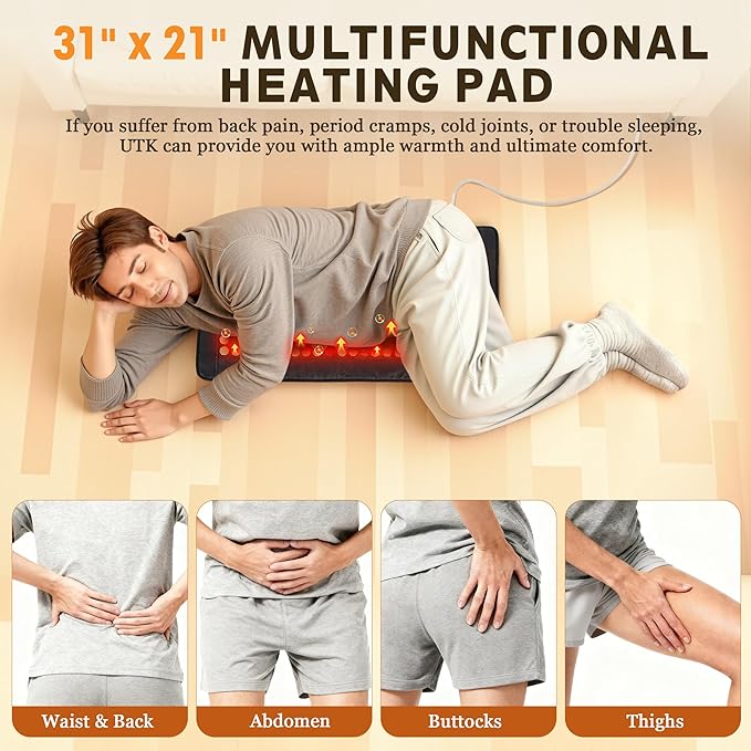 UTK Far Infrared Heating Pad, 5X Pain Relief for Back Waist Abdomen, Gift for Women Men, FSA-HSA Eligible Weighted Mat with Magnets Stone, Jade & Tourmaline, Hotter to 159℉, 4H Auto-Off, 21'' x 31''