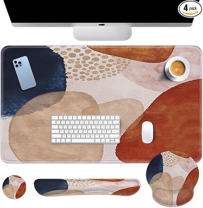 Britimes Abstract Boho Keyboard Mouse Pad Set 4in1 Large Mousepad+Keyboard Wrist Rest+Mouse Wrist Rest+Coaster Set with Ergonomic Design for Home Office Computer 35.4x15.7 inches
