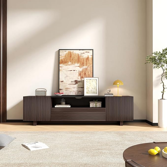 Epecoya TV Stand with Storage Cabinets for Living Room, Modern Wood Fluted TVs Media Console for 55/60/65 Inch TVs, Mid Century Television Stands with Drawer and Open Shelve for Bedroom, Dark Walnut
