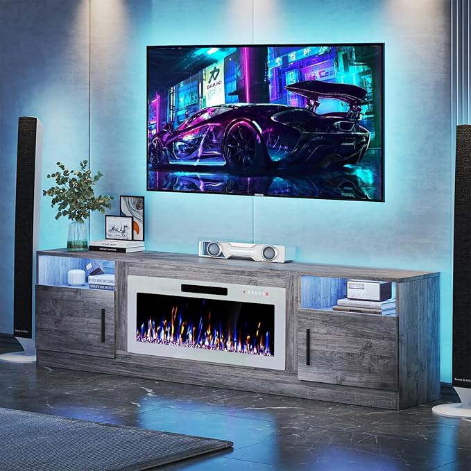 VITESSE TV Stand Fireplace with 36" inch Electric Fireplace Up to 90" TVs, LED Light Entertainment Center, 80" Modern Wood High Gloss with Highlight Storage Cabinet for Living Room (Gray)