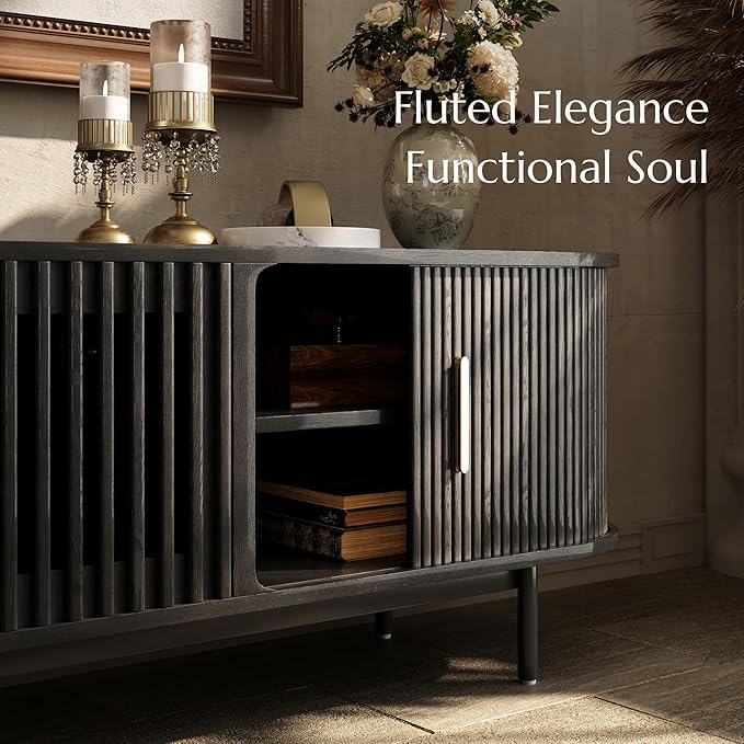 POVISON Fully-Assembled Mid Century Modern TV Stand for 65 inch TV, Sliding Door Entertainment Center with Storage, Wood TV Console, Media Console for Living Room Bedroom(Black, 70.87")
