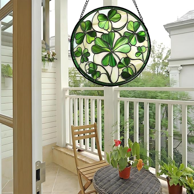 CRISGIF Stained Glass Window Hanging - Ireland Green Lucky Clover Suncatcher for Doors Garden St. Patrick's Day Sun Catchers Decor Mother's Day Birthday for Women Men Mom Nana 7.8 in