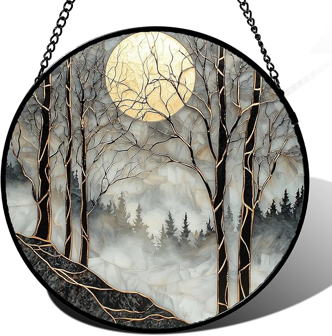 AMDERVEN Stained Glass Window Hanging - Black and White Gold Moon Forest Sun Catcher for Door Home Decor Suncatcher Christmas Mother's Day Birthday Gifts for Women Men Lovers Mom Nana 11.8 in