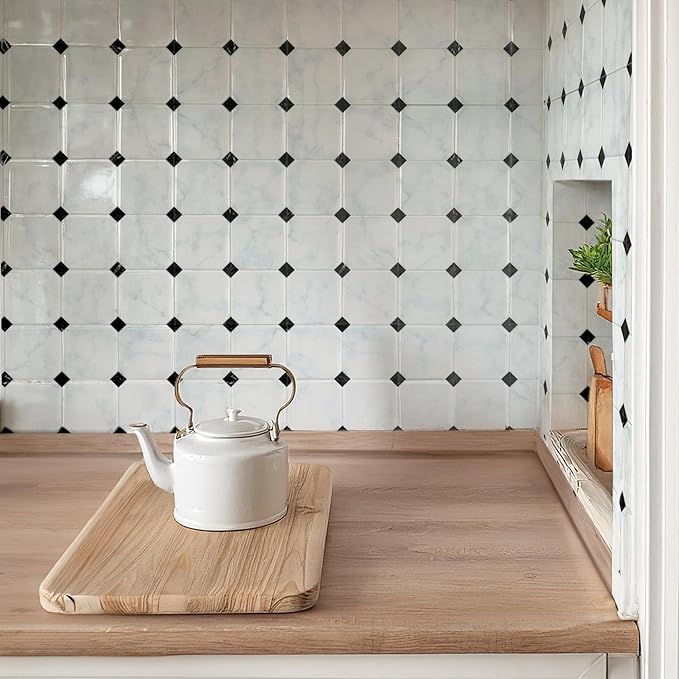 SMART TILES Peel and Stick Backsplash - 5 Sheets of 7,75" x 7,75" - 3D Adhesive Peel and Stick Tile Backsplash for Kitchen, Bathroom, Wall Tile, Checkered