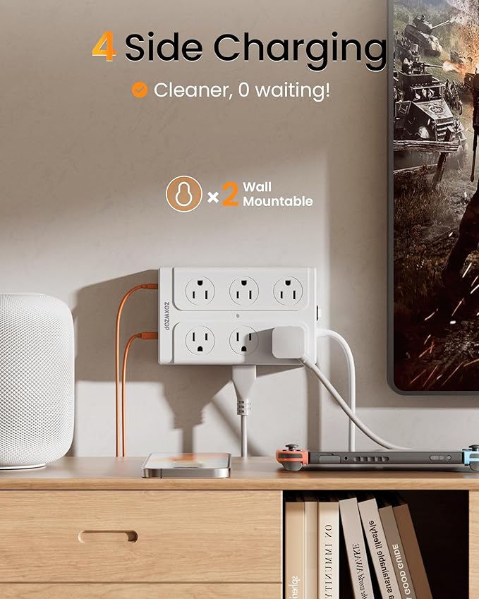 Zoxwzop Surge Protector Power Strip - 12 Outlets(1850W/15A) 6 USB Ports（2 USB C, 6FT Flat Plug Extension Cord, Wall Mount Multi Plug Outlet Extender, ETL Listed for Home, Dorm Room