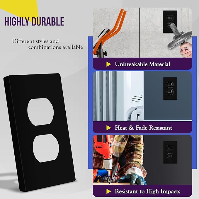 ENERLITES Screwless Duplex Wall Plate, Child Safe Receptacle Outlet Cover, Standard Size, 1-Gang 4.68" x 2.93", Unbreakable Polycarbonate Thermoplastic, UL Listed, SI8821-BK, Glossy, Black